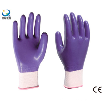 13G Nitrilo poliéster Shell, Nitrilo púrpura recubierto, guantes de trabajo (N6043)